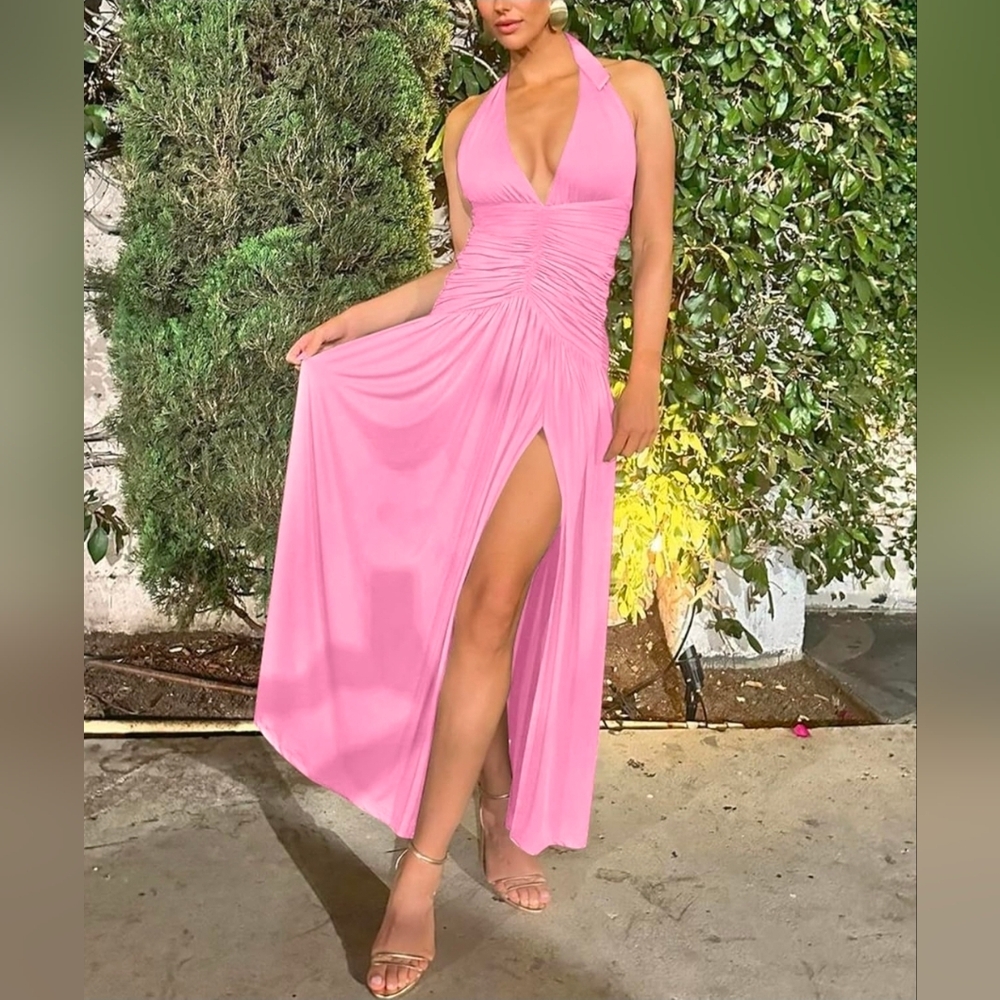 Ekaliy Women's Sexy Halter Deep V Neck Maxi Dress Sleeveless Backless High Slit